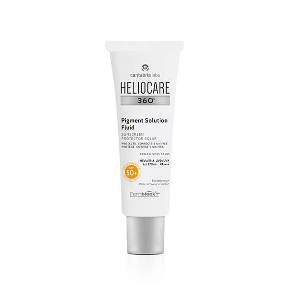 Heliocare 360° Pigment Solution Fluid SPF 50+ – lichte zonnebescherming die bruine vlekken corrigeert en de teint egaliseert, geschikt voor alle huidtypes bij Lisa Bosmans Skincare