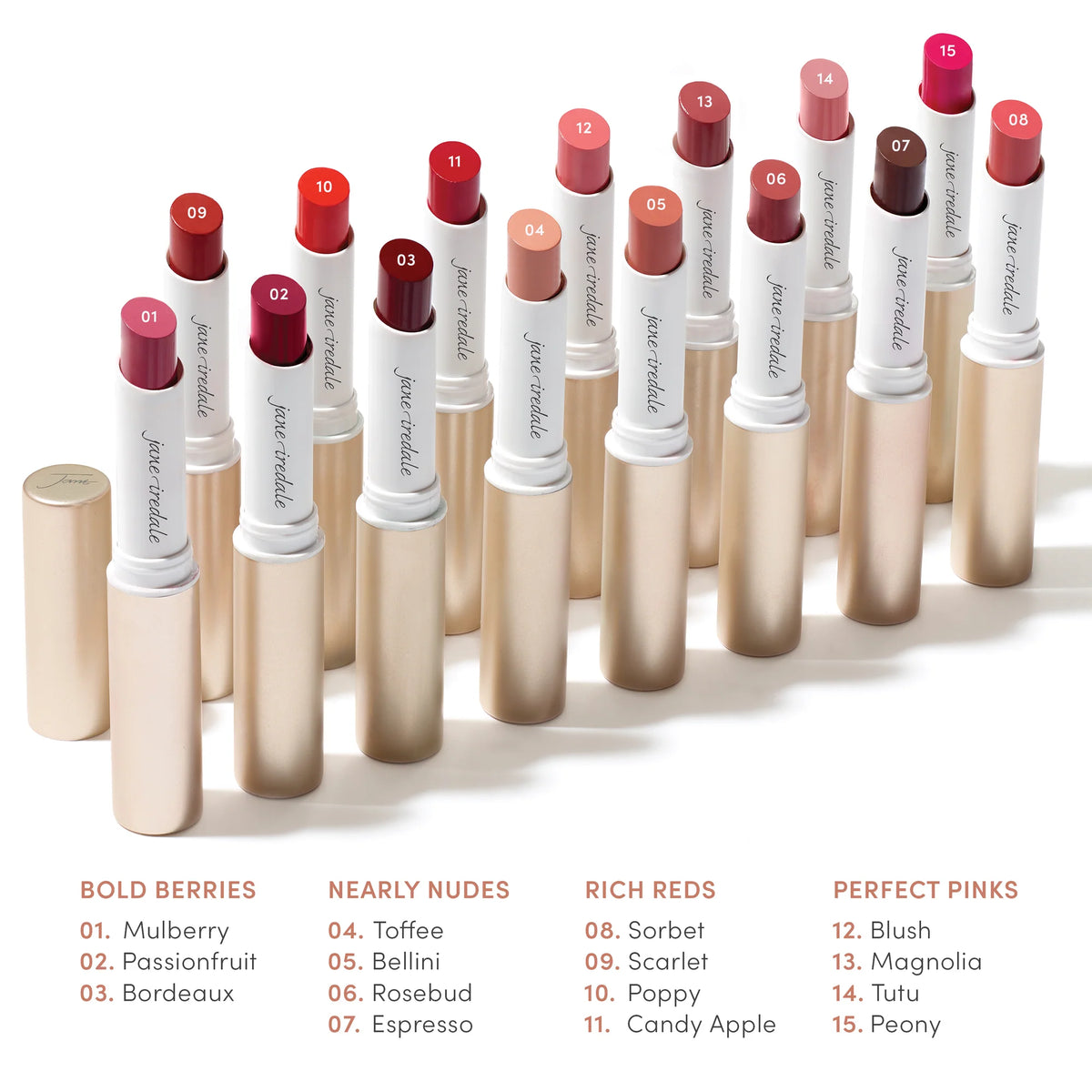 Lippenstift in verschillende kleuren voor verschillende gelegenheden van Jane Iredale bij Lisa Bosmans Skincare