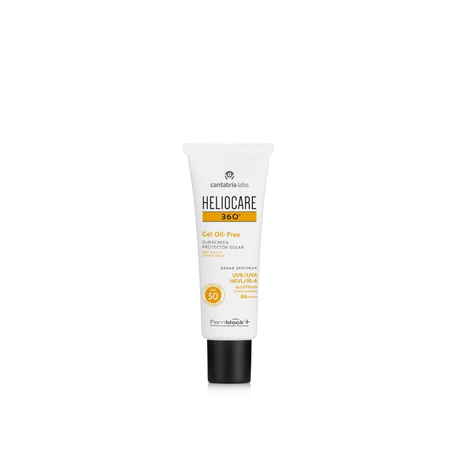 Heliocare 360° Gel SPF 50+ voor vette huid met neiging tot acne, biedt matte finish en uitgebreide zonnebescherming tegen UVB, UVA, blauw licht en infrarood bij Lisa Bosmans Skincare